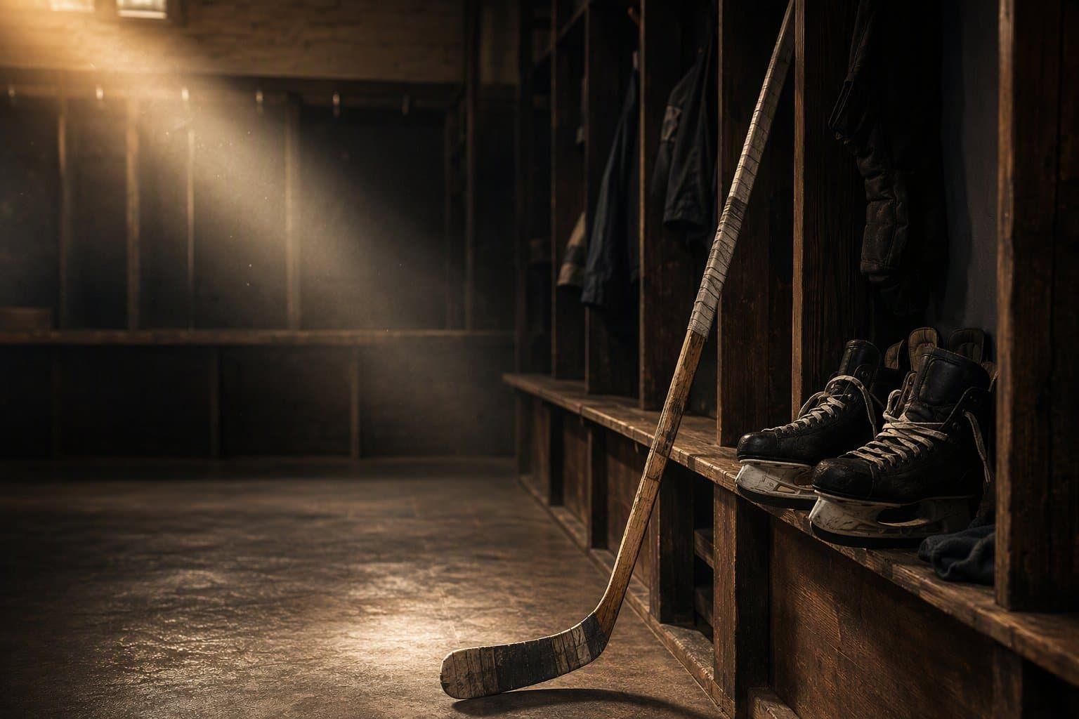 A veteran's stick and skates in a quiet dressing room - AI-generated illustration, Jake Team LLC