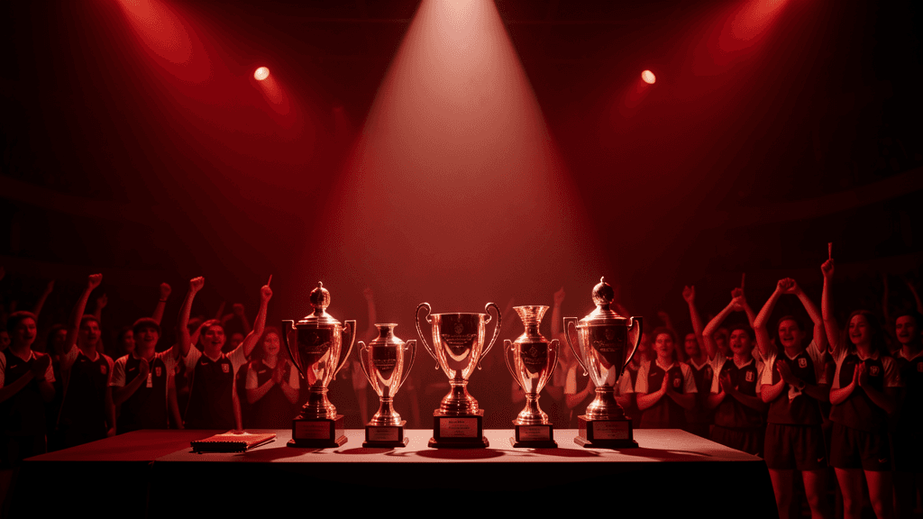 Student athlete awards ceremony with trophies - illustration, Jake Team LLC