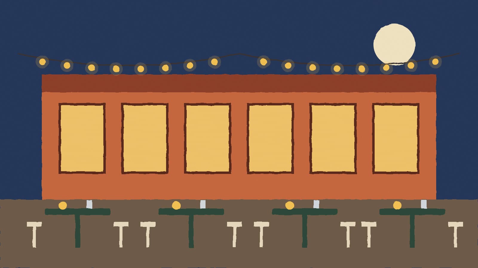 Restaurant patio with string lights - illustration, Jake Team LLC
