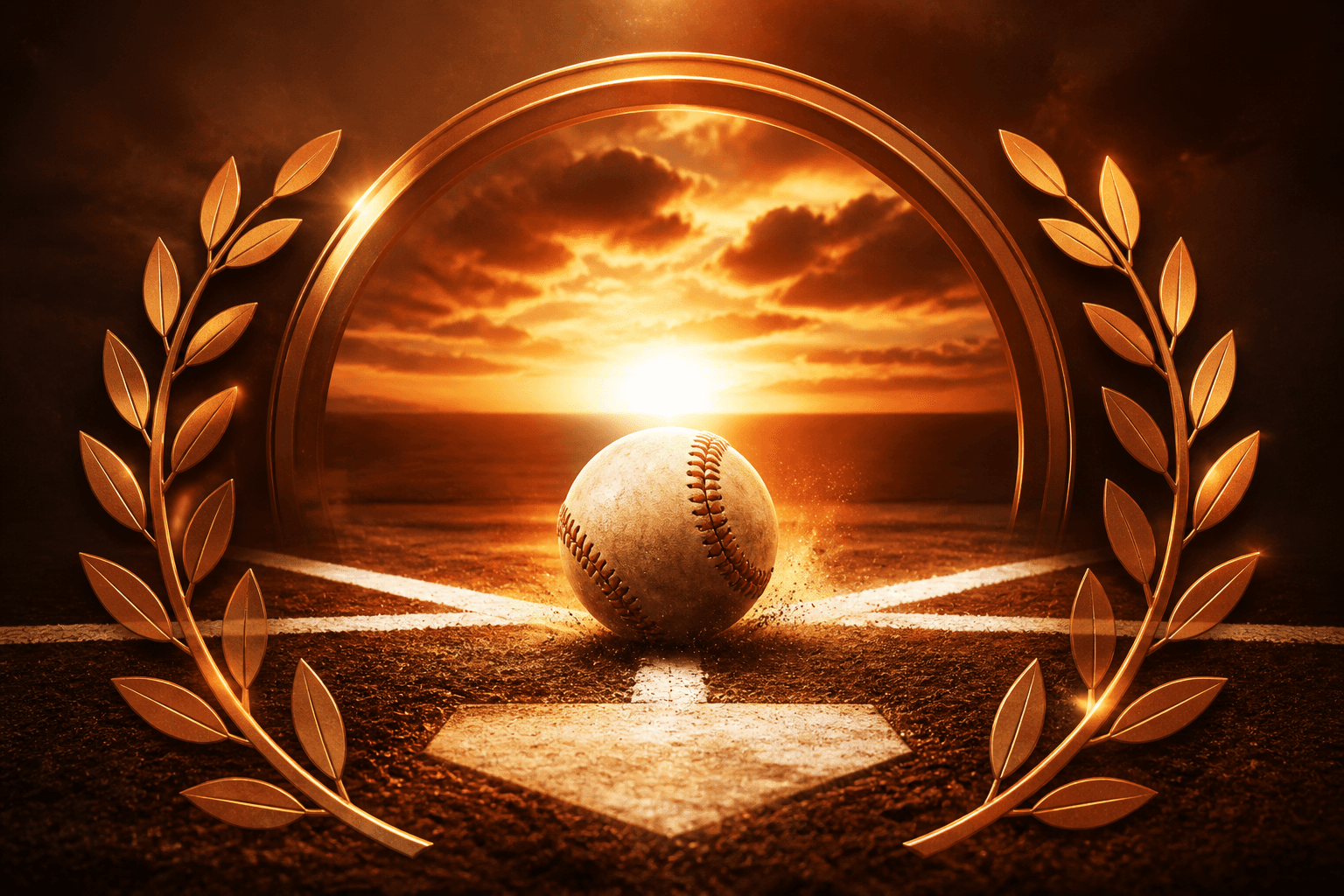 Symbolic baseball on home plate framed by a golden wreath against a sunset, no athletes