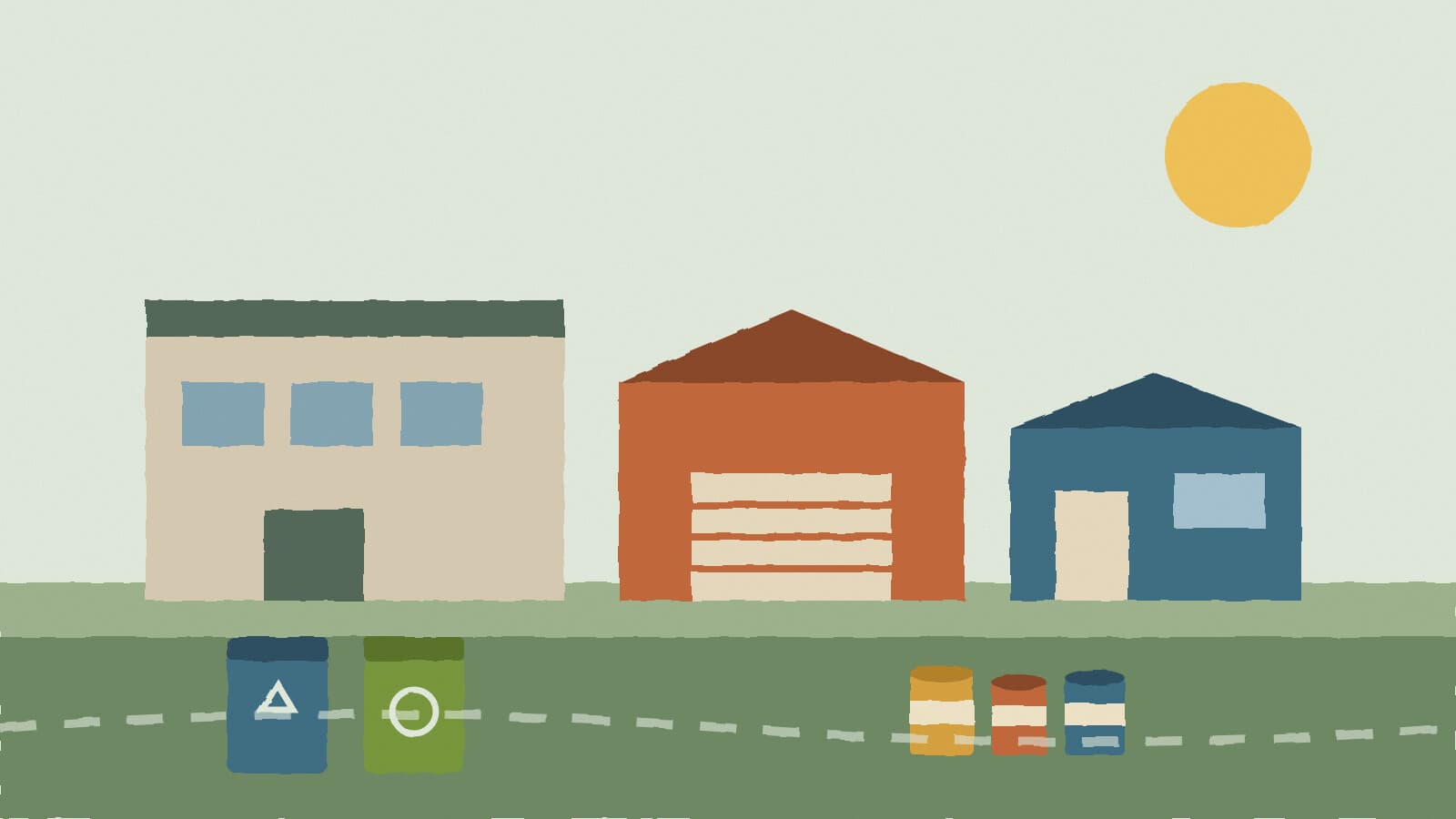 Recycling center buildings and bins - illustration, Jake Team LLC