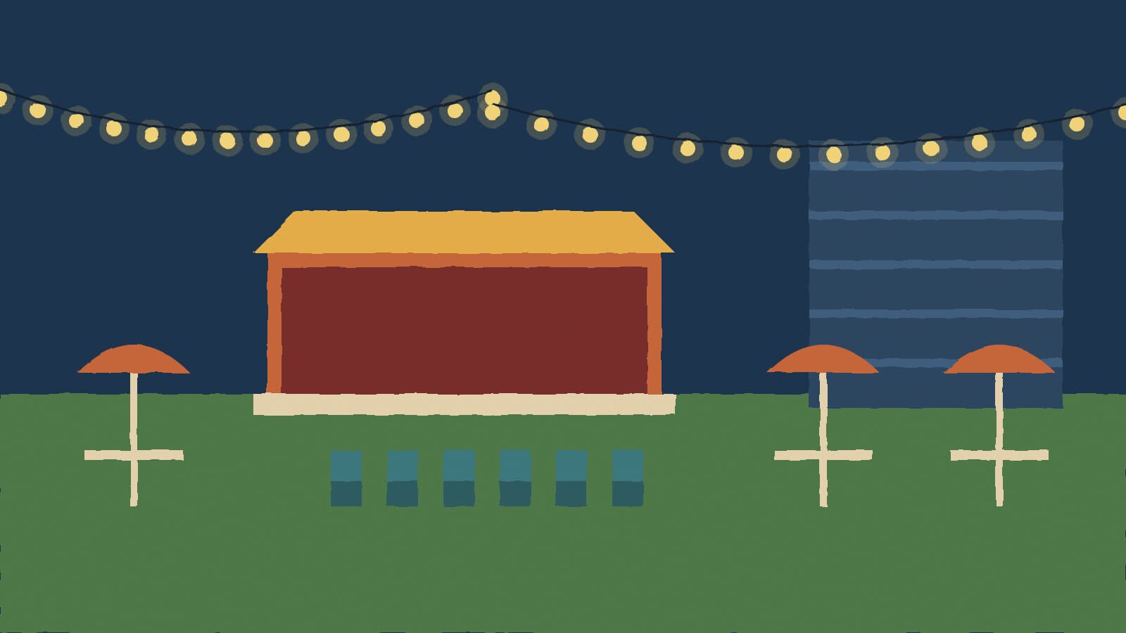 Plaza stage under string lights - illustration, Jake Team LLC