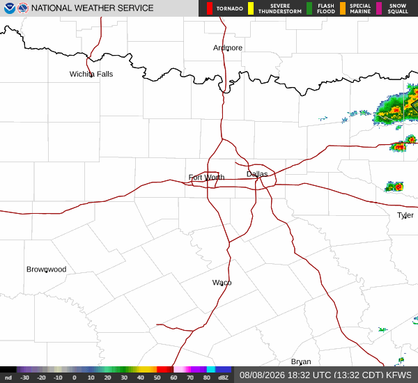 Latest National Weather Service radar for North Texas (KFWS radar). Source: radar.weather.gov.