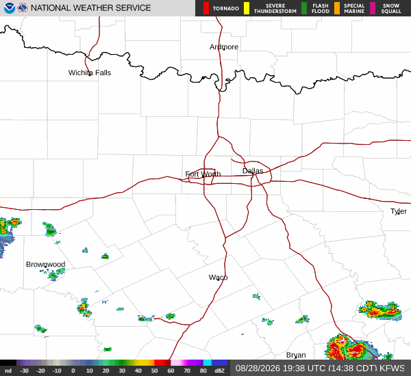 Latest National Weather Service radar for North Texas (KFWS radar). Source: radar.weather.gov.