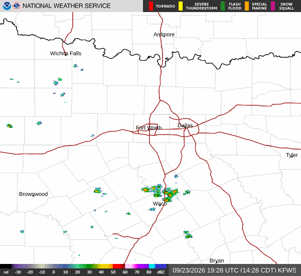 Latest National Weather Service radar for North Texas (KFWS radar). Source: radar.weather.gov.