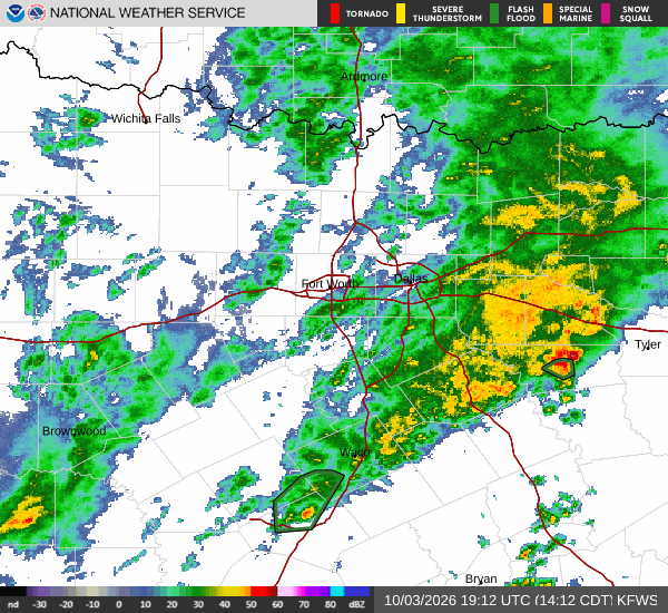 Latest National Weather Service radar for North Texas (KFWS radar). Source: radar.weather.gov.