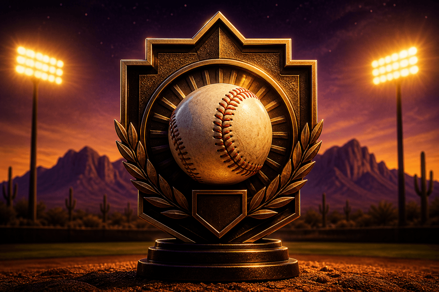 Symbolic baseball trophy emblem in a desert twilight stadium setting, no athletes