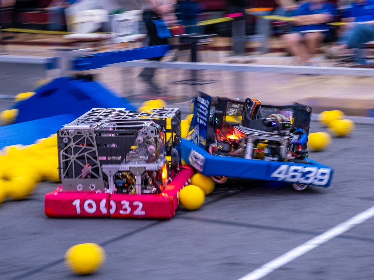 ORION, the competition robot built by Singularity Robotics, during a match at a FIRST in Texas district event. Photo: Singularity Robotics, FRC Team 10032