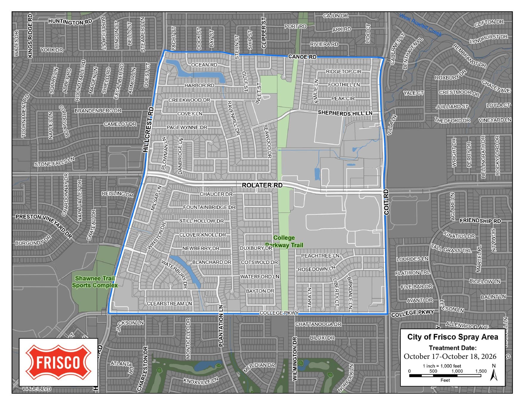 Spray area between Hillcrest Road, Canoe Road, Coit Road and College Parkway, Oct. 17-18. Map: City of Frisco