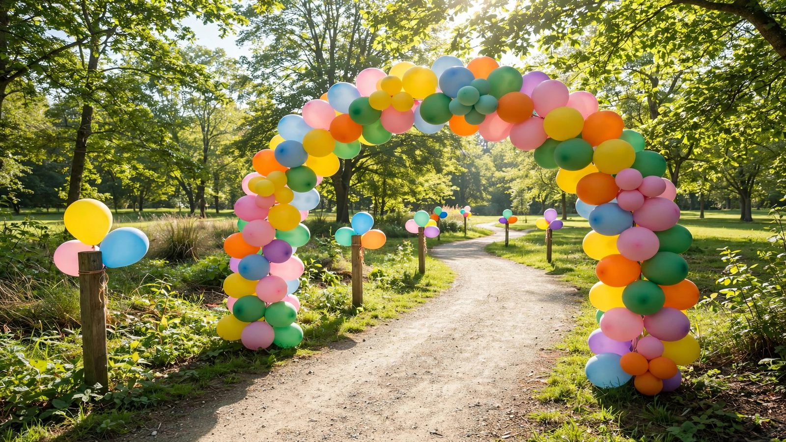 Park walking trail with a colorful balloon arch and balloons marking the route - illustration