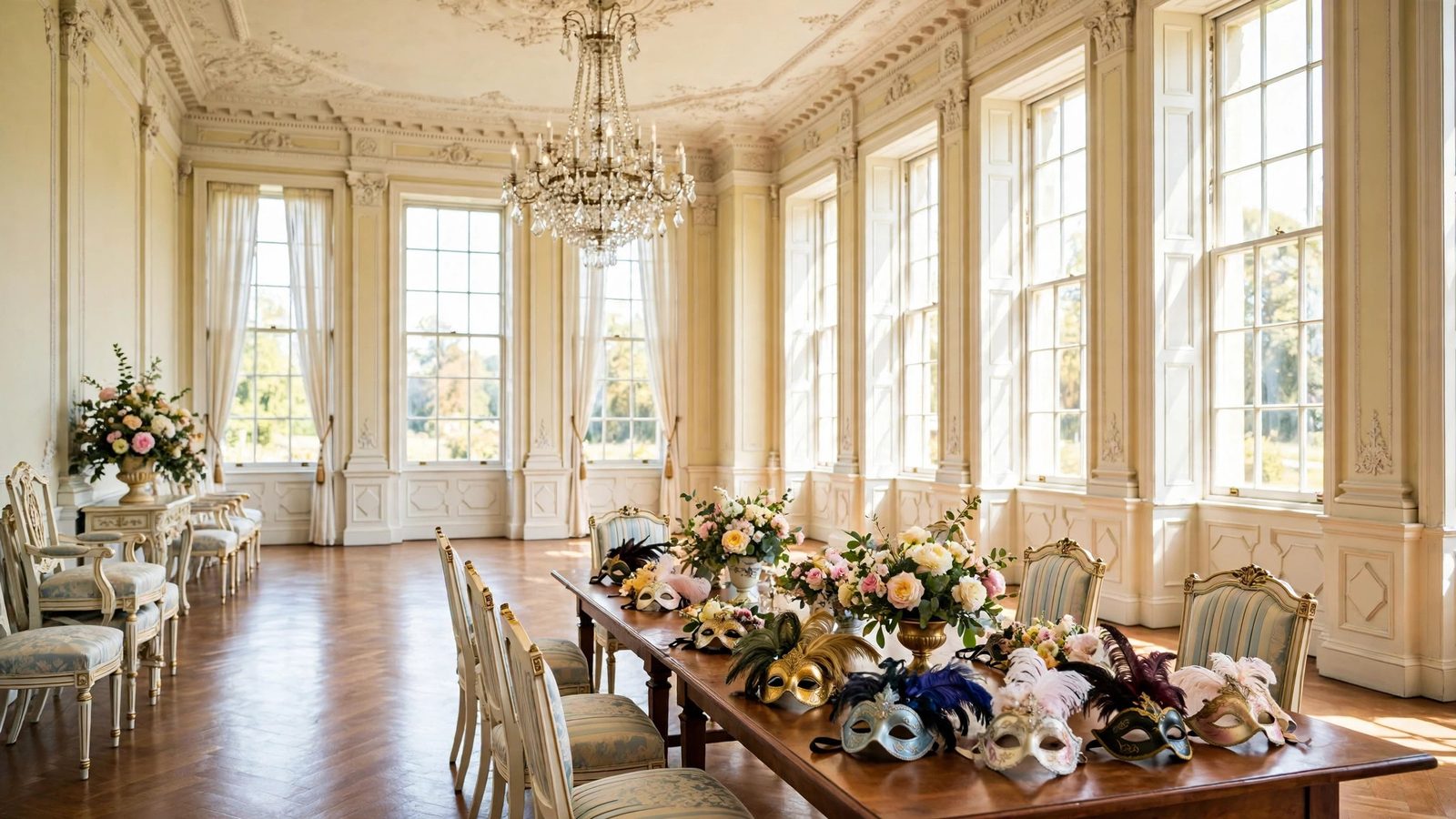 Elegant empty ballroom with chandelier and masquerade masks laid out on a table - illustration
